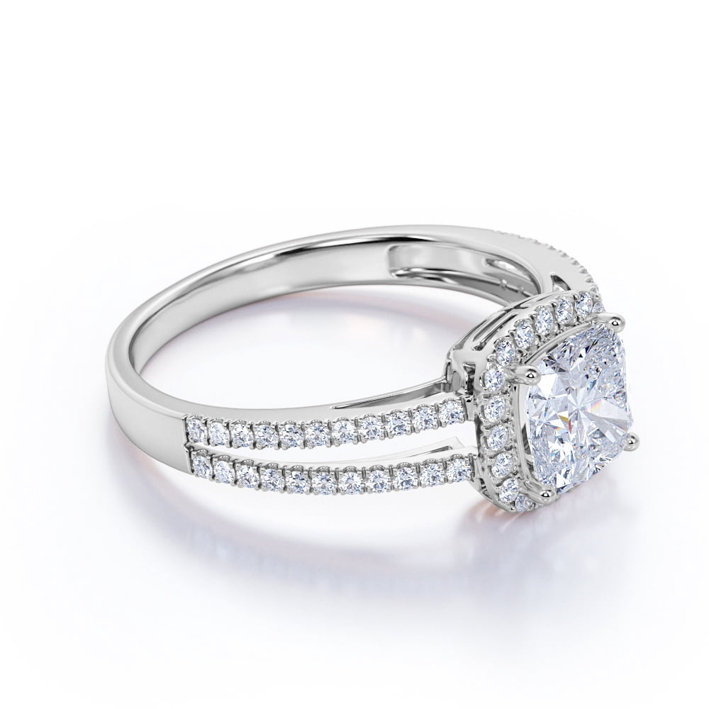 JeenMata 1.25 Carat Cushion Cut Moissanite - Halo - Split Shank Engagement Ring - 18K White Gold Plating Over Silver