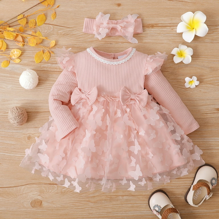 Patpat Baby Girl Ribbed Long Sleeve 3D Butterfly Applique Mesh Dress Set