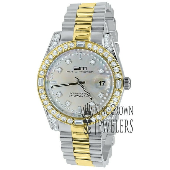 Mother Pearl Dial 2 Tone Gold Mens Simulated Diamond 40mm Full Stainless Steel Watch