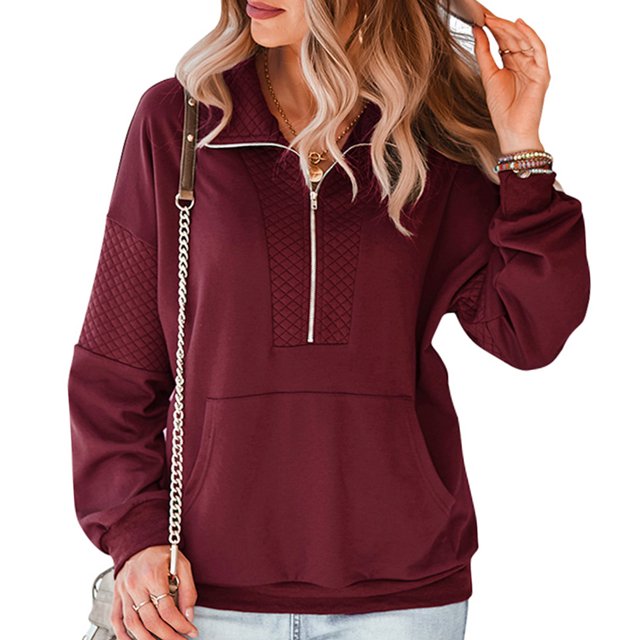 Moda mujer invierno con capucha Color sólido cuello vuelto manga larga bolsillo con cremallera sudad Abanopi borgoña/Pequeña