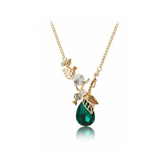 KATGI Fashion 18K Gold Plated Beautiful Waterdrop and Leaves Austrian Green Crystal Pendant Necklace