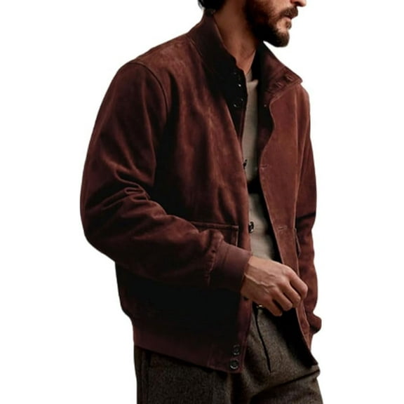 Men Dark Brown Genuine Suede Leather Bomber Jacket Gift for him A308