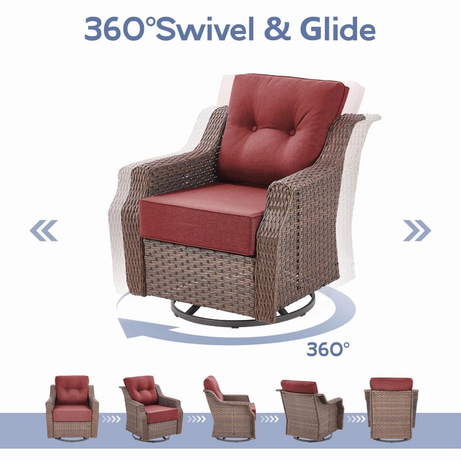 PARKWELL 3-Piece Outdoor Swivel Rocker Chair with Side Table,All-Weather Rattan Swivel Glider Rocking Lounge Chair,Patio Bistro Set for Porch Deck Backyard,Brown/Red