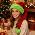 thumbnail image 5 of Red Plush Santa Hat Green Trim Adult Long Christmas Party Headwear Festive Holiday Decoration, 5 of 6