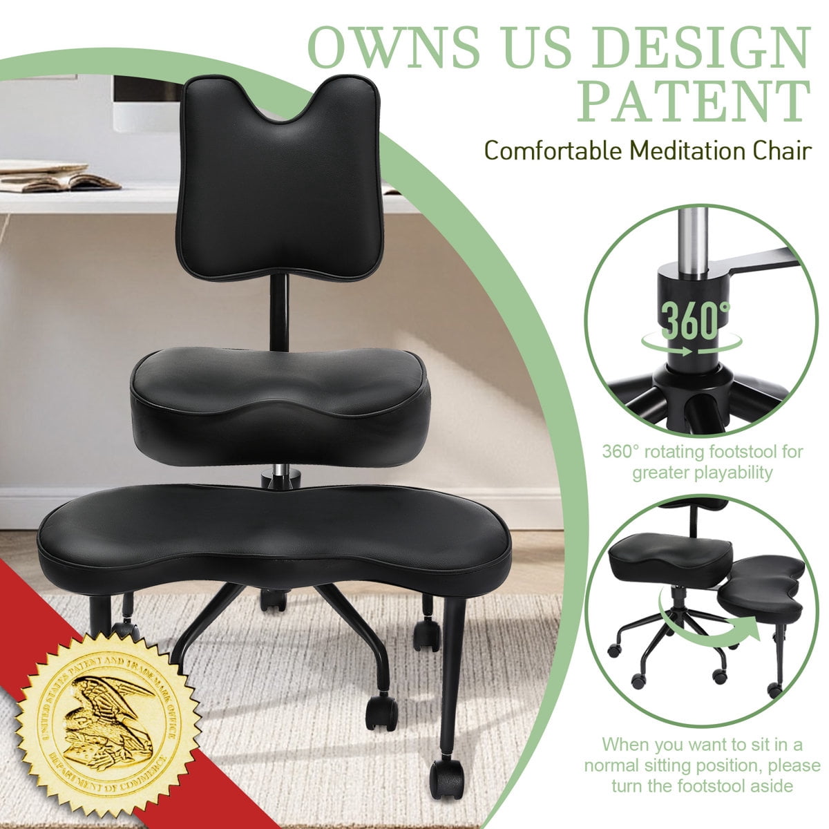 HomeMiYN Cross Legged Meditation Chair with Wheels, ADHD Office Chair, PU Leather Yoga Kneeling Chair with Adjustable Backrest, Black