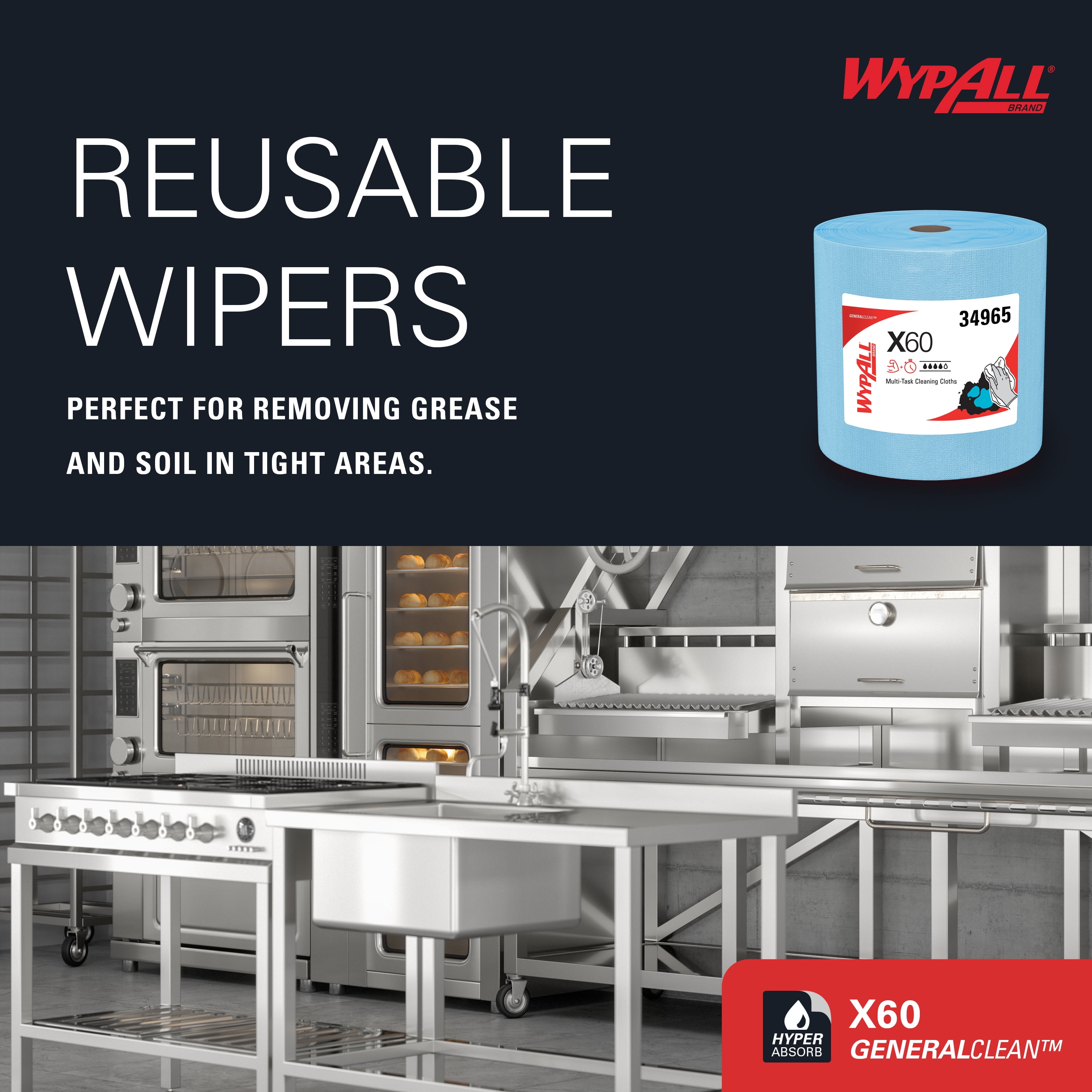 WypAll GeneralClean X60 Cloths Multi-Task Cleaning Wipes, Jumbo (34965), Strong and Absorbent Towels, Blue (1 Roll of 1,100 Sheets, 1,100 Sheet Total)