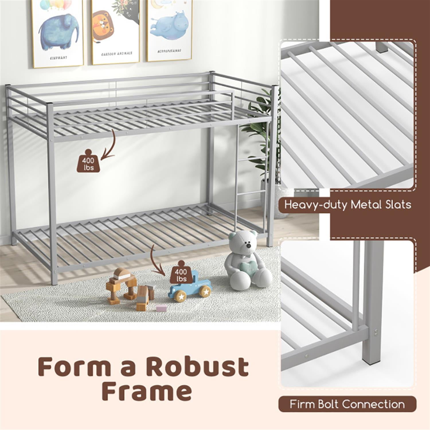 Demi Bonn Low Profile Twin Over Twin Bunk Bed with Full-length Guardrails, Sturdy Metal Twin Bunk Beds, Bed Frame, Silver