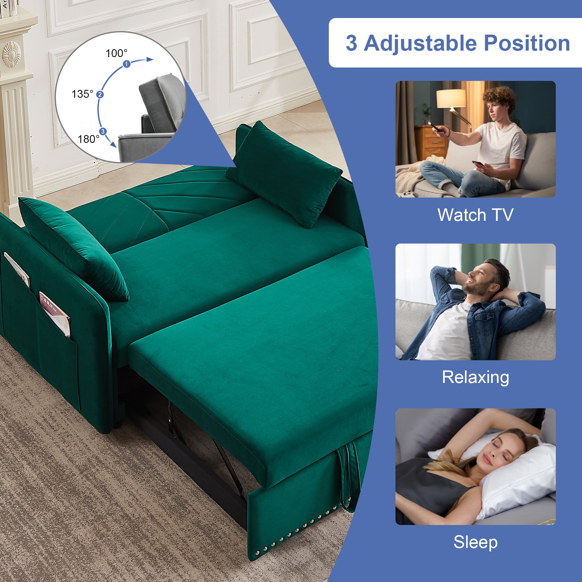 Aukfa 3 in 1 Convertible Sofa Bed, 55" Velvet Loveseat Sleeper with 2 Pillows & USB Port, Green