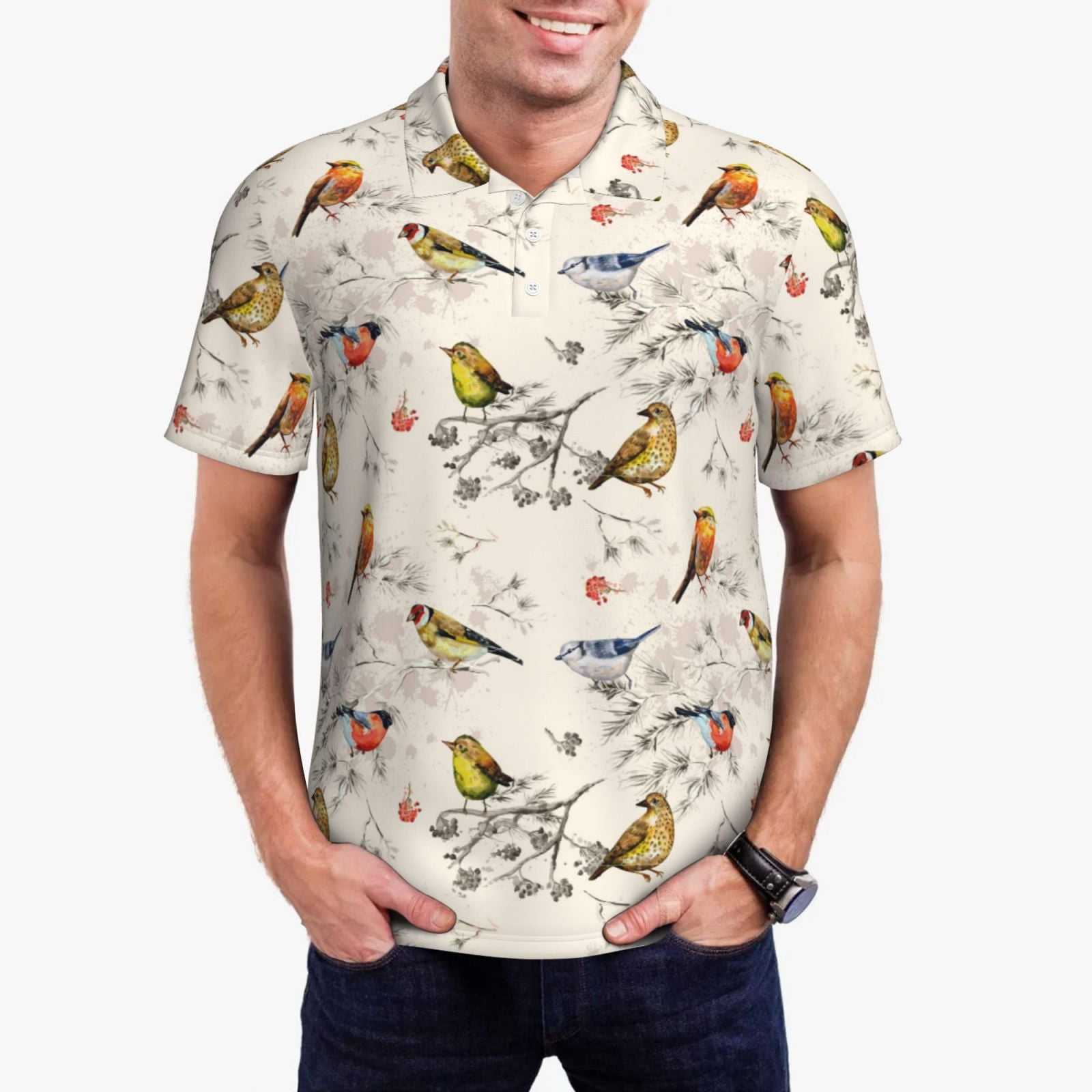 Fotbe Little Birds Pattern Men’s Golf Polo Shirt – Breathable Performance Golf Shirt with Button-Down Collar-3X-Large