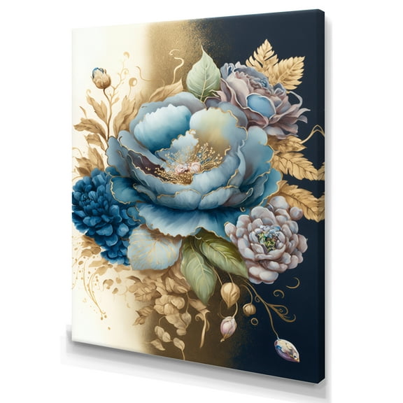 Designart Blue And Gold Mixed Floral Bouquet III Canvas Wall Art