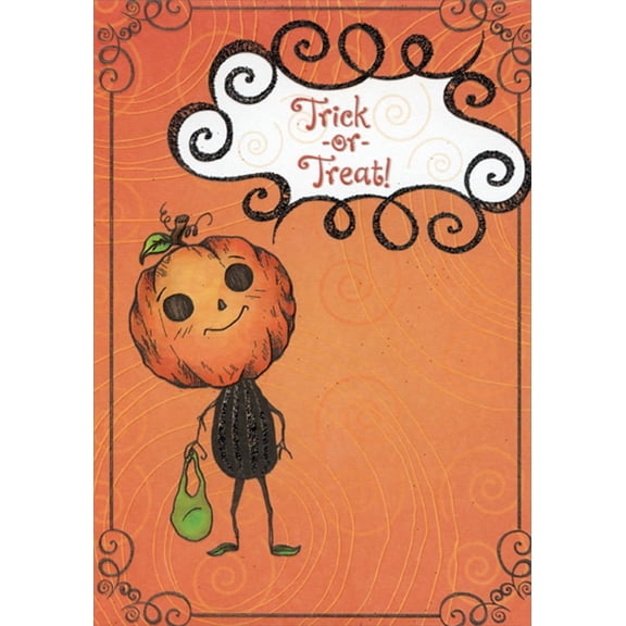 Designer Greetings Pumpkin Person Holding Green Bag : Orange Swirls Juvenile Halloween Card for Kids : Kid : Children