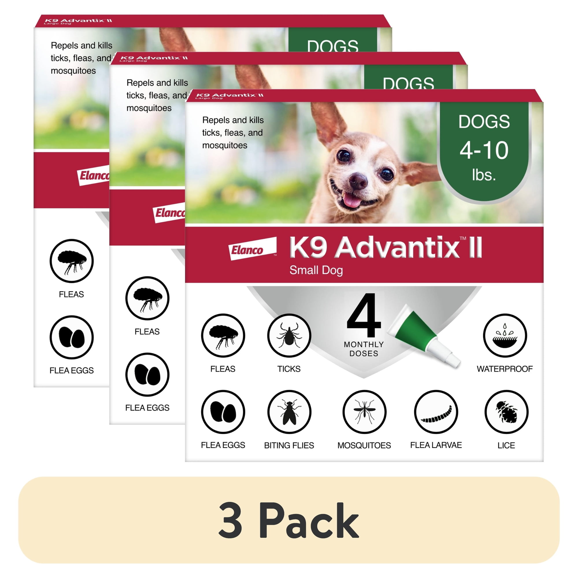 (3 pack) K9 Advantix II Monthly Flea & Tick Prevention for Small Dogs 4-10 lbs, 4-Monthly Treatment