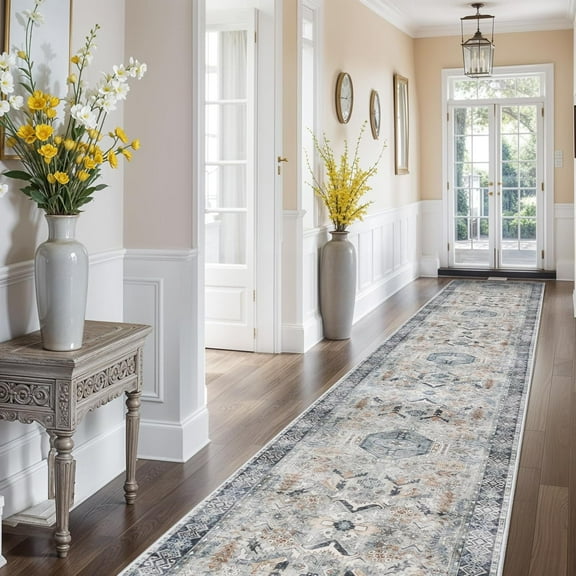 3x16 Hallway Runner Rug Washable - Kitchen Rug Runner Distressed Mats Non-Slip Soft Room Floor Carpet for Dining Room (Grey/Blue, 3x16)