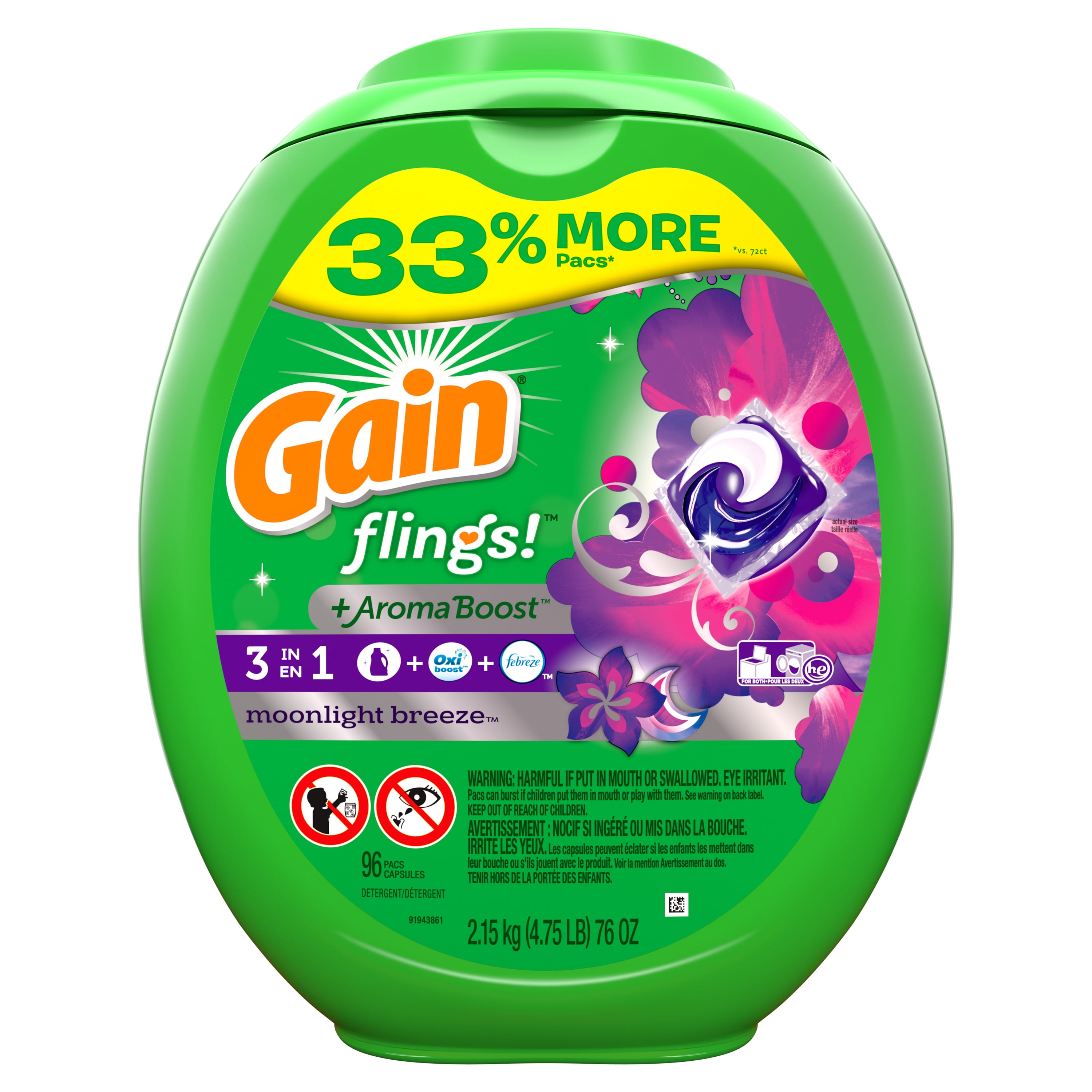 Gain flings! Liquid Laundry Detergent Pacs Moonlight Breeze 71oz