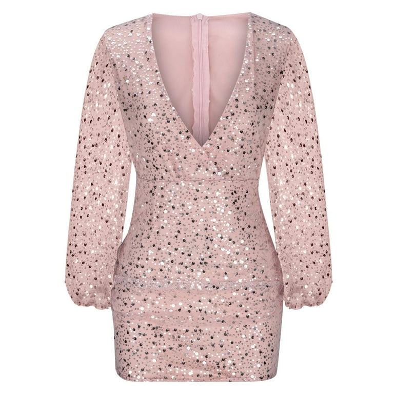 Sequin Long Sleeve Homecoming Dresses for Teens Slim V Neck Mini Cocktail Gown  Tight Glitter Party Dress - Walmart.com