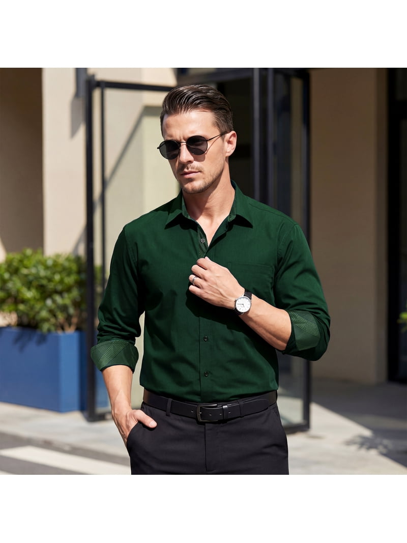 Sumtumn Mens Green Dress Shirt Long Sleeve Button-Up Casual Shirt with Inner Contrast Formal Business, Men's, Size: Medium