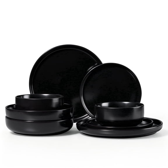 Onader 8-Piece Dinnerware Set, Ceramic Plates and Bowls Set for 2, Scratch Resistant Tableware Dishes Set for Kitchen Restaurant - Matte Black