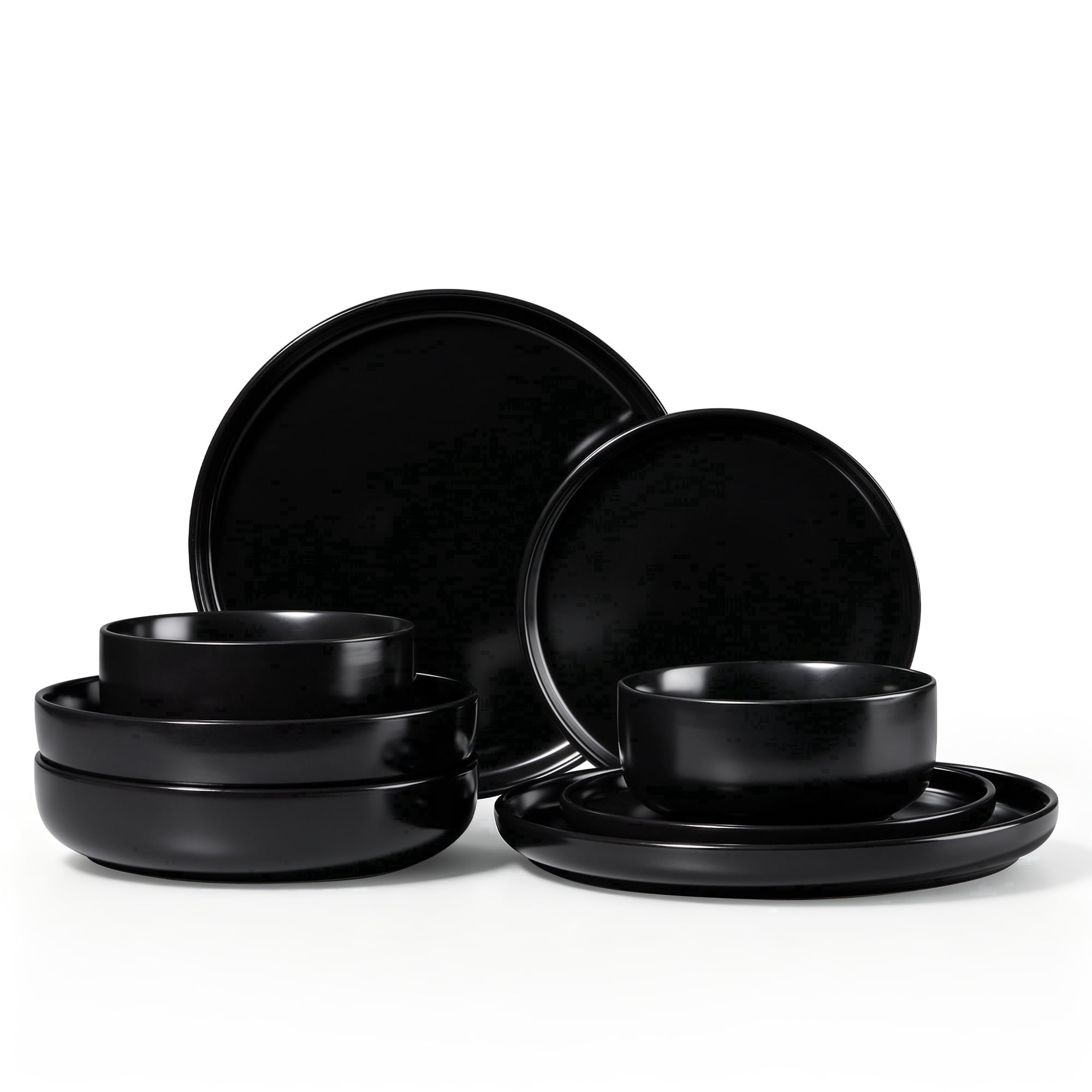 Onader 8-Piece Dinnerware Set, Ceramic Plates and Bowls Set for 2, Scratch Resistant Tableware Dishes Set for Kitchen Restaurant - Matte Black