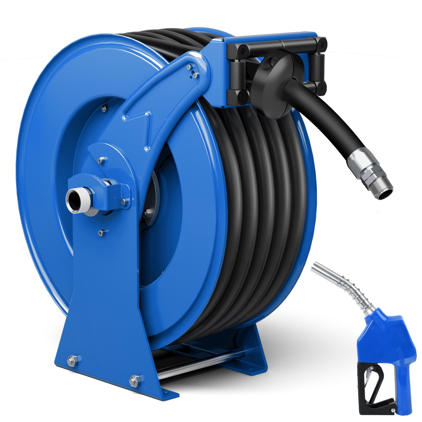 Fuel Hose Reel 3/4" x 50' Retractable with Fueling Nozzle Diesel Hose Reel 300 PSI Industrial Auto Swivel Heavy Duty Steel Construction for Farm Ship Vehicle Tank, Blue