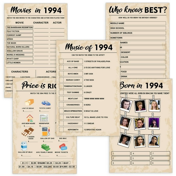 30th Birthday Bash Game Pack, Featuring 5 Fun Activities for 10 Guests, Nostalgic 1994 Themed Games Bundle, Perfect for Adult Celebrations with 50 Engaging Cards