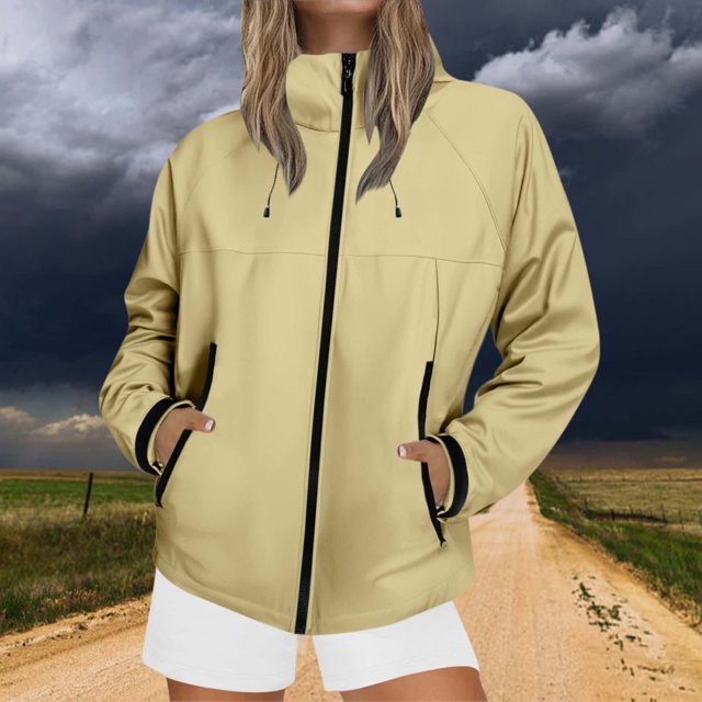 Hooded Rain Jacket Women, Lightweight Hiking Shell, Windproof Mountain Coat Yellow M , Jacket