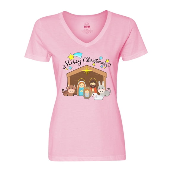 Inktastic Merry Christmas Cute Nativity Scene Women's V-Neck T-Shirt