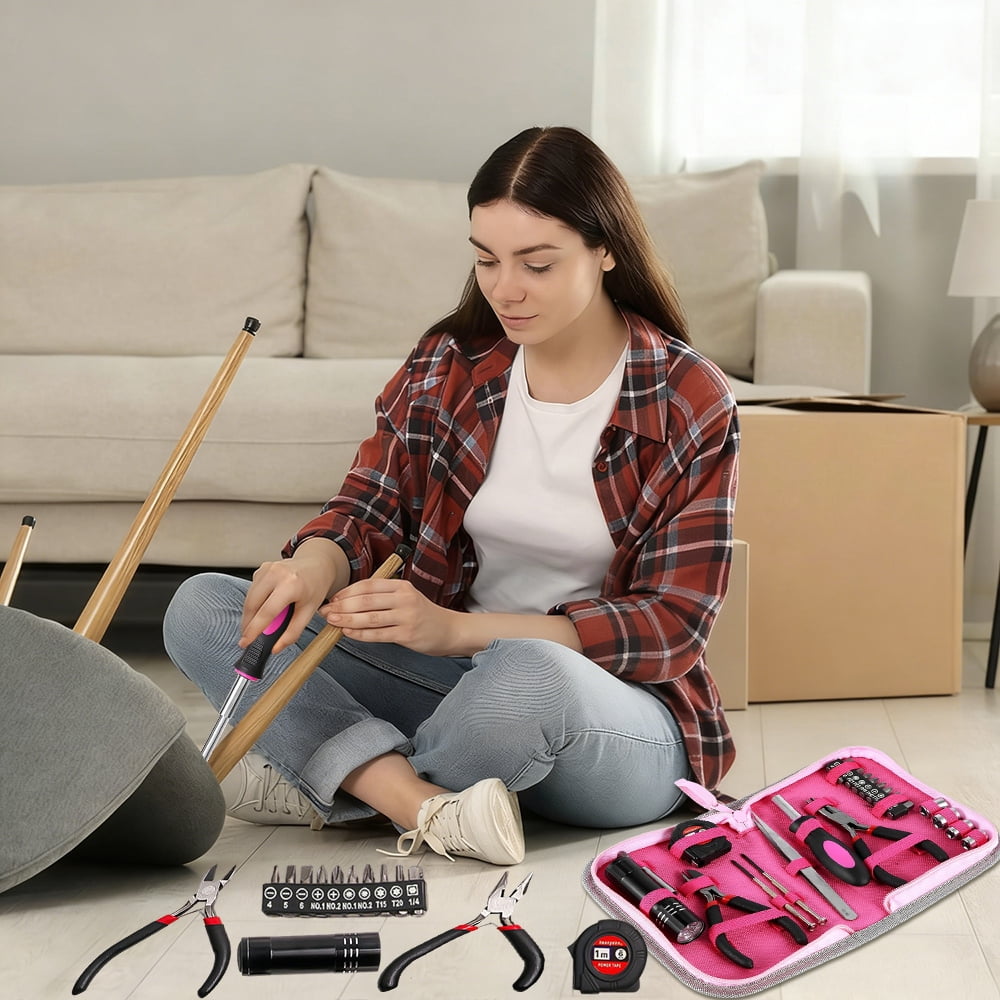 General Household Tool Set, Pink Tool Set withToolbox Storage Case, Essential Hand Tools for Everyday Home Repairs, Household Tool Kit for Women, Girls and Ladies