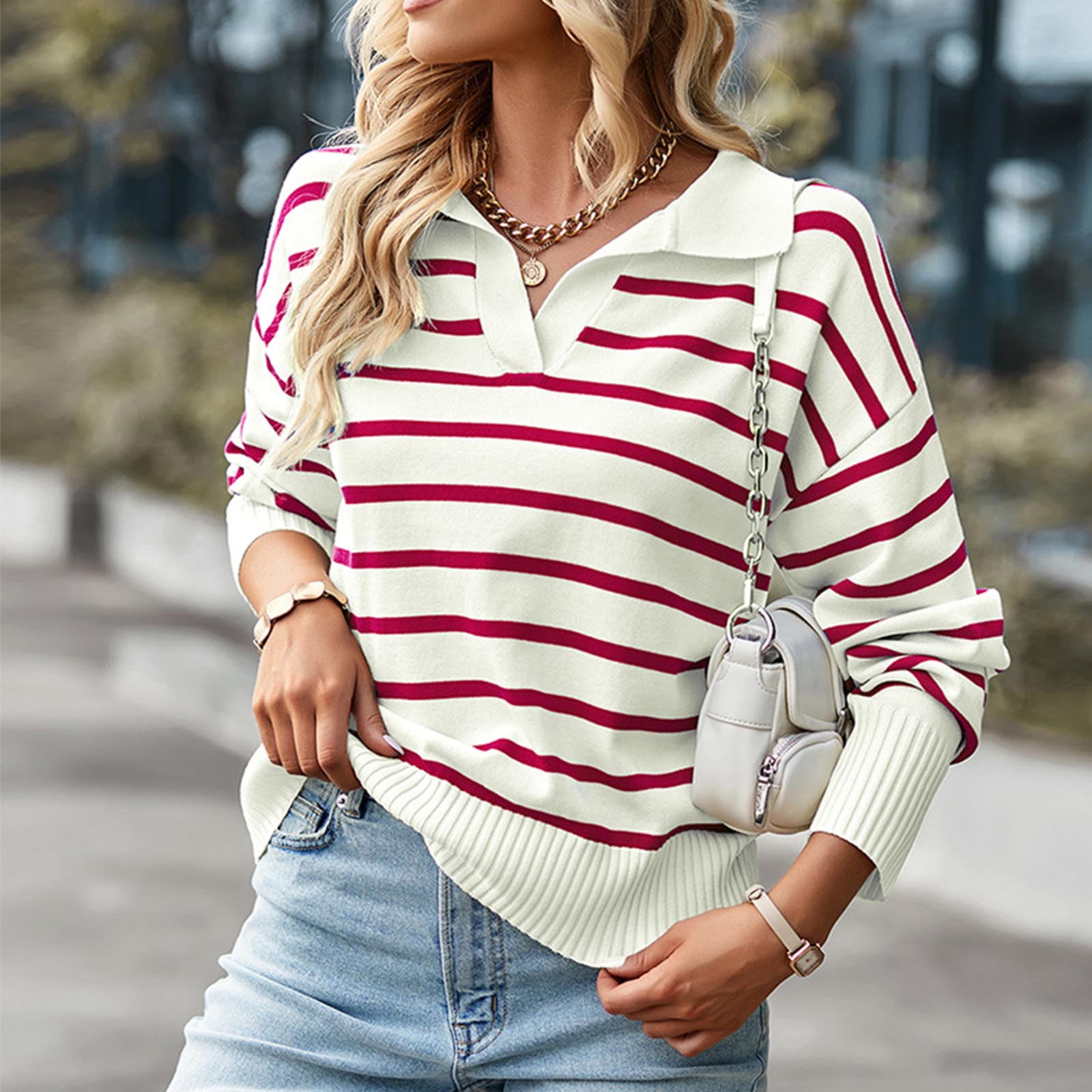 Winter Women's Clothes Cable Knit V Neck Sweaters Casual Long Sleeve  Striped Pullover Sweater Trendy Loose Preppy Jumper Top at Rs 1600.00, Sweater
