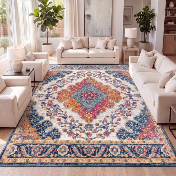 JONATHAN Y BOHEMIAN FLAIR 5 x 8 Area Rug, Medallion - Blue/Multi, BMF106A-5