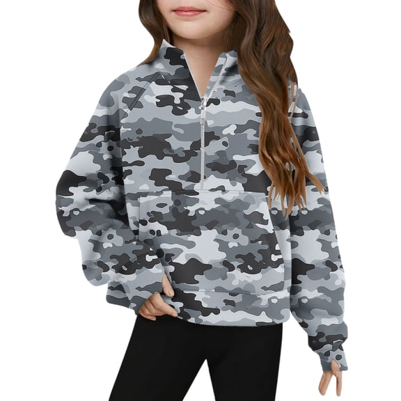 CLOISE Toddler Sweatshirt Boys Girls Teen Long Sleeve Collared Zip up Tops Camouflage with Thumb Hole Outfits Fall Winter Clothes Dark Gray 13T