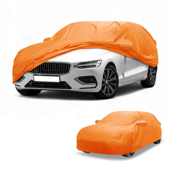 Funda para automóvil Unique Bargains impermeable para todo clima, protección exterior completa contra el sol y la lluvia, para Volvo S60 (estimado) 210D-PU Naranja con franjas reflectantes