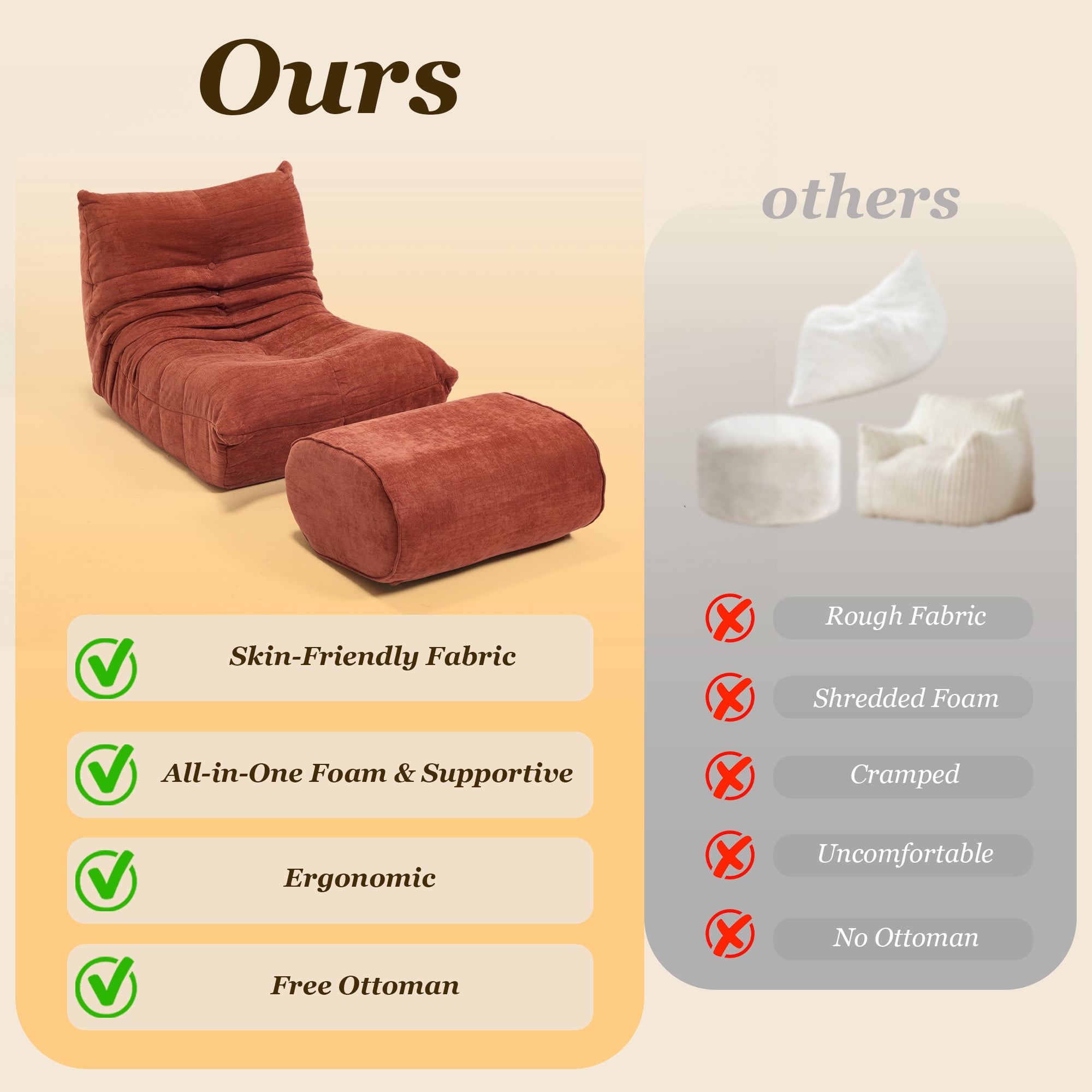MOONMISS Chenille Fabric Chaise Lounge Chair with Ottoman, Ergonomic Lazy Sofa for Adults, Soft Cloud Couch for Living Room, Bedroom, Orange
