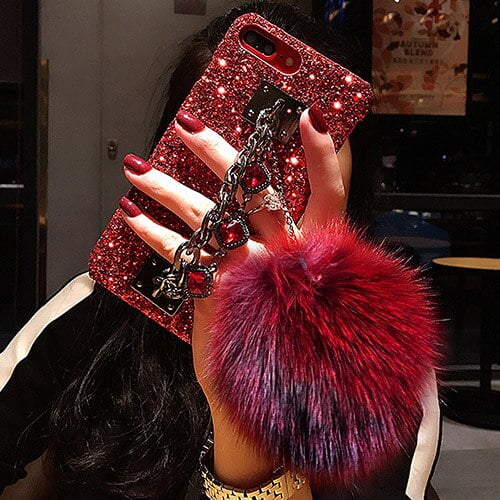 Funda de teléfono de lujo con bola de pelo suave y correa de cristal para iPhone, 13, 12, 11 Pro MAX, 7, 8 Plus, 5S, purpurina, abeja, Coque para Samsung S21Ultra Fivean unisex