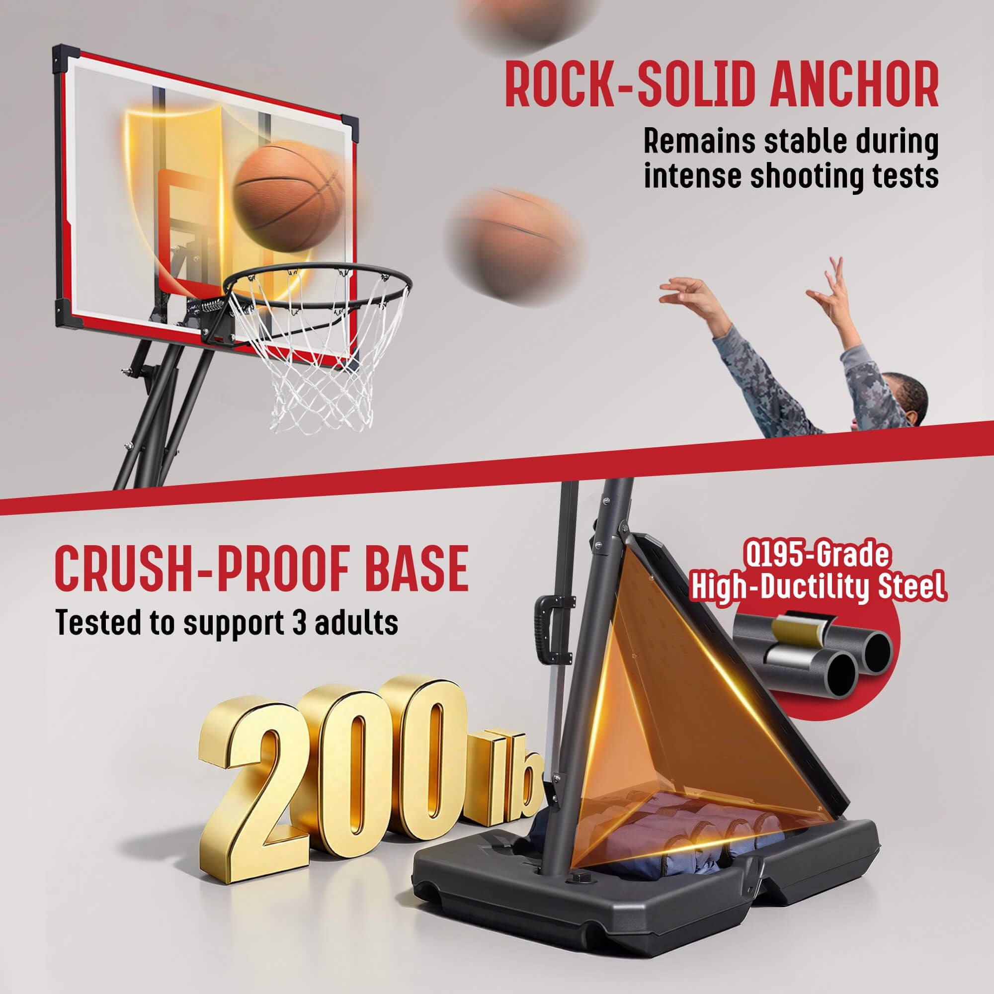 SERAY Basketball Hoop with 4.9-10 feet Height Adjustable for Kids/Adults, Portable Basketball Goal with 44 inch Backboard and 2 Wheels for Outdoor/Indoor Sports