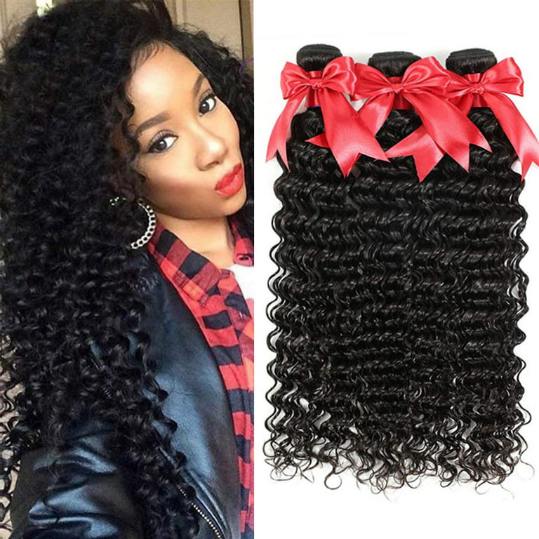 10A Brazilian Virgin Human Hair Pineapple Deep Wave 3 Bundles 100%  Unprocessed Virgin Remy Hair Weave Deep Curly Hair Bundles Natural Black  Color