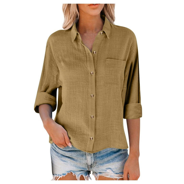 Yigetop Long Sleeve Shirts for Women, Womens Cotton Linen Button Down Shirt  Linen Button Down Shirt Women Gold 2XL - Walmart.com