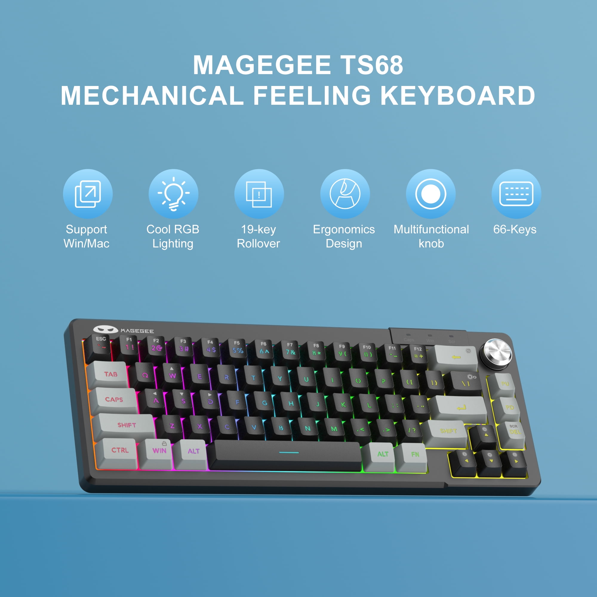MageGee 60% Gaming Keyboard - TS68 Compact Mechanical-Style Tactile Feel, RGB Backlit with Smart Knob, 68 Keys Ergonomic Design, 18-Key Anti-Ghosting