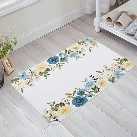 

Spring Floral Durable Doormat Entrance Front Door Rug Shoes Mat Sponge Carpet Indoor Non Slip Floor rDoor Mats - Blue Yellowish Flowers Green Leaves 20x32 Inch