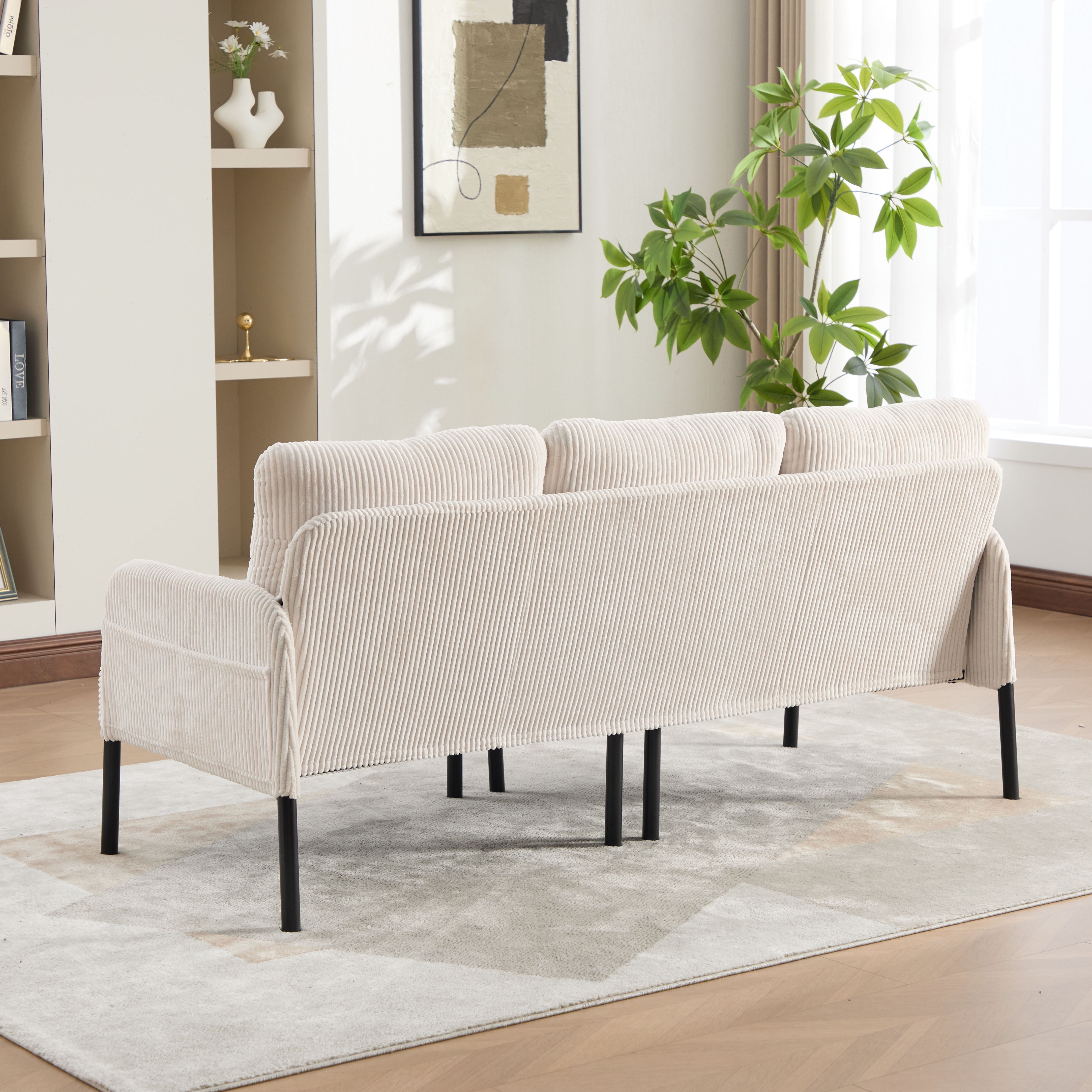 S-HOME Modern Plush Corduroy Upholstered Loveseat with Dual Side Pockets and Metal Legs, Sofa for Apartment, Beige