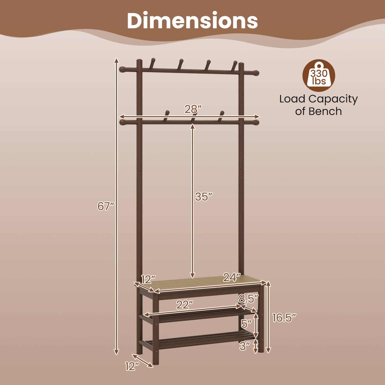 Costway Bamboo Coat Rack with Bench Shoe Storage 2 Hanging Rods 11 Hanging Hooks Shelves Brown