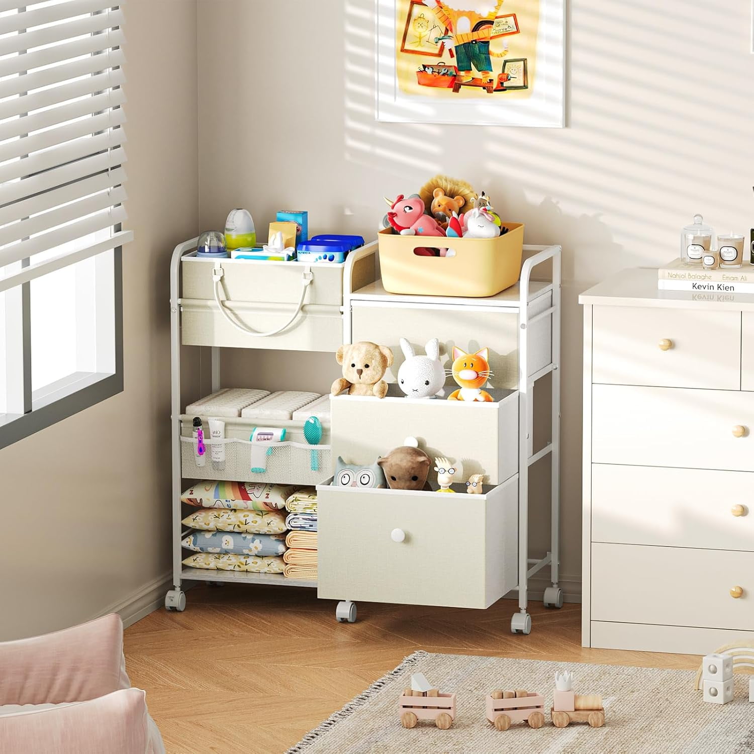 Gofinoday 2-in-1 Baby Diaper Caddy Organizer, 3-Tier Rolling Nursery Cart with Removable Caddy, Dividers, Drawers and Lockable Wheels, White