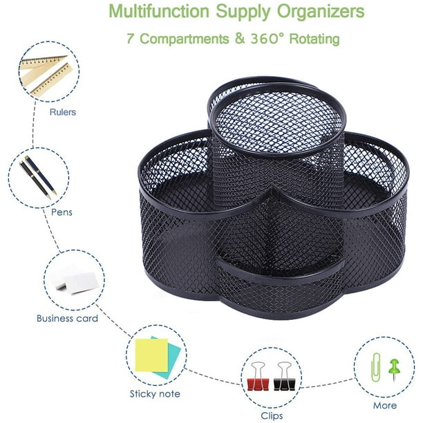 Mesh Pen Holder For Desk, 360-degree Rotating Desk Organizer Pencil Holder  With 7 Compartments, Metal Stationary Organizer, Large Desktop Supply Caddy