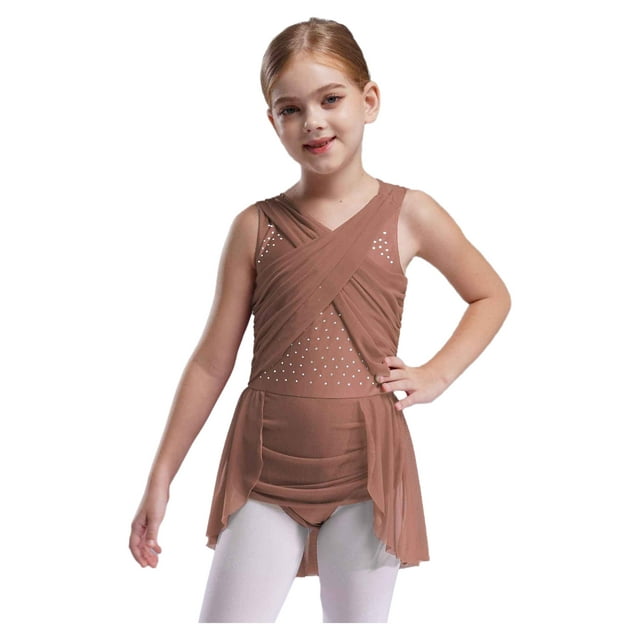 Raenseen Girls Rhinestone Skating Leotard Lyrical Ballet Dance Dress Cutout Back Dress Performance Costume Dusty Pink 6