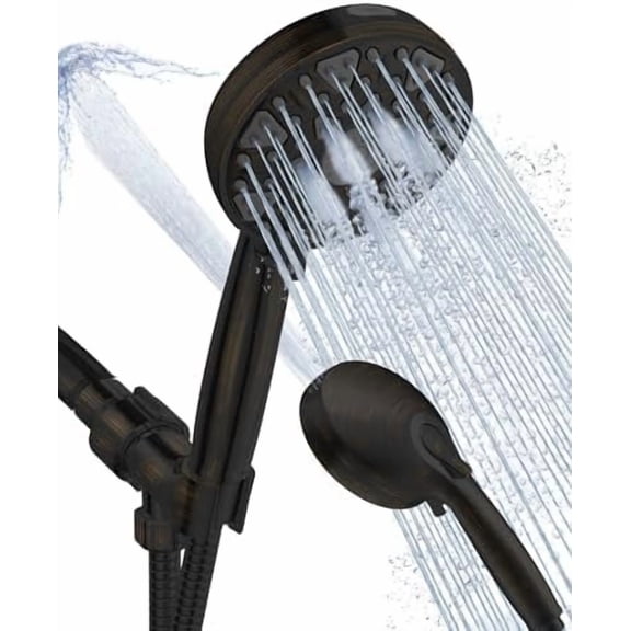 Shower Head With Handheld 7 Settings High Pressure, Built-in Power Wash, 5" High Powerful Hand Held Rain Showerhead with Stainless Steel Hose and Adjustable Bracket (Oil Rubbed Bronze)