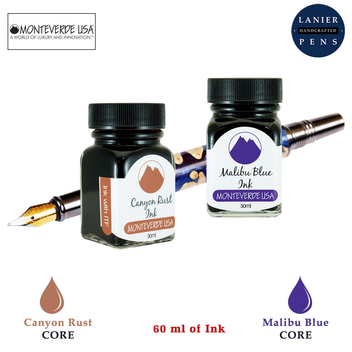 Monteverde 60ml Core Fountain Pen Ink Bottle (30ml Canyon Rust Ink Bottle G309CP, 30ml Malibu Blue Ink Bottle G309MU)