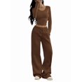 thumbnail image 2 of Women 2 Piece Matching Lounge Sets Clothing Comfiest Wide Leg Pants Y2K Sweatsuits Fall Outfit Brown M, 2 of 10