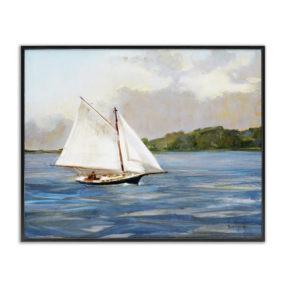 Stupell Industries Traditional White Sailboat on Calm Blue Sea Black Framed Giclee Art, 14 x 11, by Katie Swatland