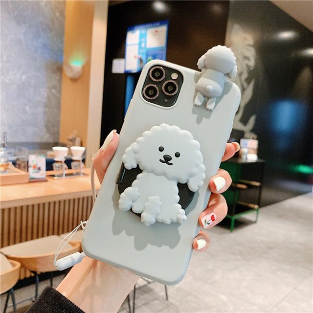 Funda de teléfono con soporte de espejo de perro de dibujos animados en 3D para apple iphone 13 Pro max 12 11 XR X XS Max 5 6 7plus 8 Plus con funda de cordón Fivean unisex