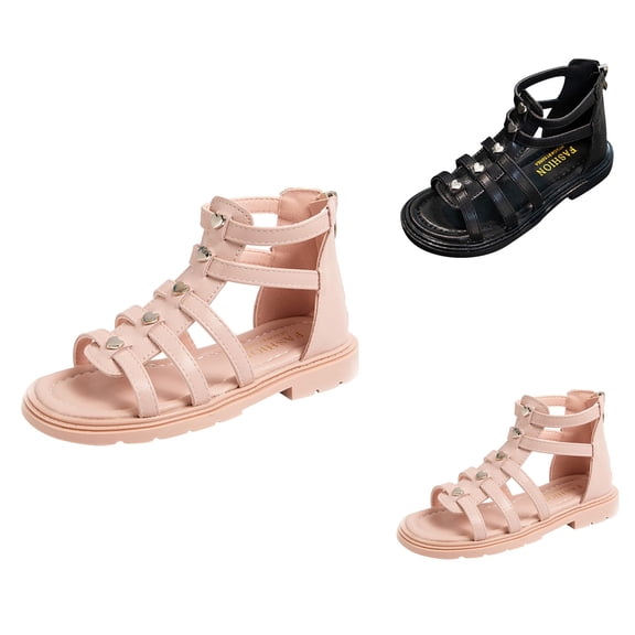 Fashion Flat Princess Sandals, Toddler Little Girls Roman Gladiator Open Toe Strapped Summer Shoes with Side Zipper, Beach Outdoor Dress Flats