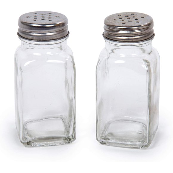 Luciano Articles Ménagers Ensemble de Salière et Poivrière, Clair, Salière en Verre Transparent avec Couvercles en Métal, Essentiels de Cuisine, Ensemble de 2 Pcs, 4 x 8.9 cm